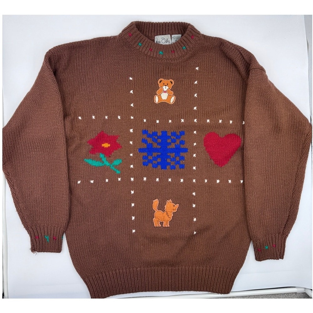 Vintage Teddy Fox Patchwork Knit Brown Sweater Cottagecore Womens